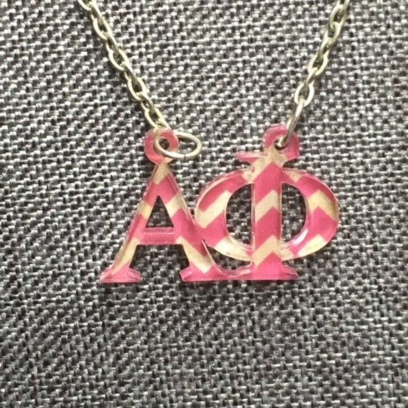 Alpha Phi Sorority Necklace Pink Striped Acrylic Silver Chain Greek Barbie - Picture 3 of 6